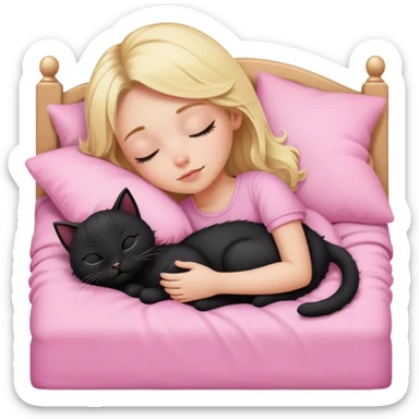 blonde girl asleep with black kitten in pink bed sticker