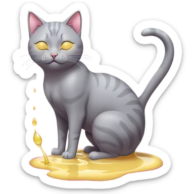 A digital illustration of a grey cat peeing in a playful, cartoonish style. The cat has a relaxed expression with closed eyes and a small, peaceful smile. It is raising one of its hind legs while urinating, with a visible stream of yellow liquid forming a small puddle on the ground. The cat’s tail is curved upwards, and its ears are perked with pink inner coloring. The background is a solid bright blue, creating a simple yet eye-catching contrast with the dark grey fur of the cat. The illustration uses clean, smooth linework and a minimalistic color palette, giving it a modern and humorous aesthetic. sticker