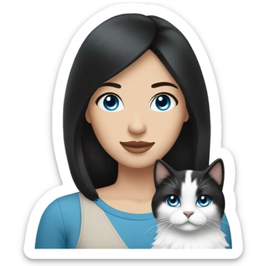 woman with black hair and holding a all white Siberian cat with blue eyes sticker