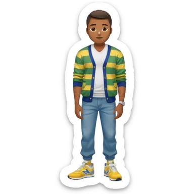 Handsome Black guy with brown skin tone, with lean muscular build, wearing baggy blue jeans, a white v-neck t-shirt, a yellow and green striped cardigan sweater, and grey new balance sneakers  sticker