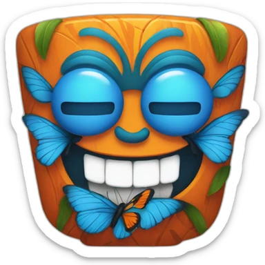 Blue and orange smiling tiki with butterfly  sticker