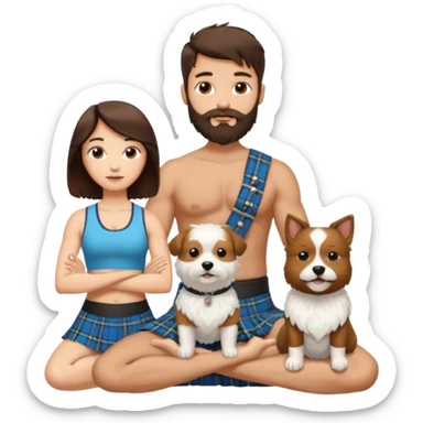 emoji of brunette man with beard wearing kilt, brunette woman in yoga outfit and one white fluffy dog sticker