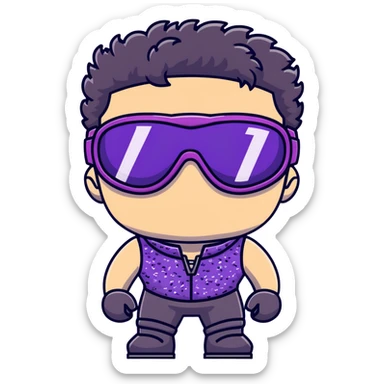 male athlete with white skin and moderately curly black hair on top with shaved sides, wearing ski goggles with purple frames and very dark black lenses, a simple plain black chain necklace, and a completely unzipped sleeveless vest with purple and black sequin fire pattern design, fully revealing his chest, shoulders and arms, no earrings sticker