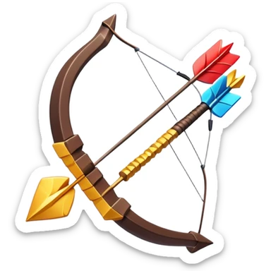 Clash of Clans aesthetic: Cinematic Playful Pixel 3D Bow & Arrow Portrait Emoji, rendered in a 3D vector-style similar to standard emojis with minimal shading and bold, simplified shapes. A compact, distinct form with signature details, softly glowing with a pixelated adventure charm. Simplified yet unmistakably iconic, highly detailed and consistent, glowing with a soft radiance and high shine. Stylized with a touch of classic pixel-art charm and a soft glowing outline, capturing the essence of a beloved gaming relic with a friendly, playful manner! sticker
