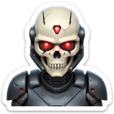 futuristic war robot portrait, head and shoulders only, skull-inspired helmet, glowing red eyes, cracked metal face, dark armor collar, battle scars, dramatic lighting, 3D cartoon, mobile game icon style, clean background, no text, no watermark
 sticker