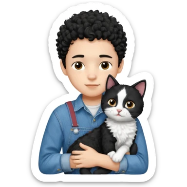 Apple emoji of a 13-year-old boy with short black curly hair, light skin, dark brown eyes, wearing a denim shirt and overalls, hugging a black and white cat. sticker