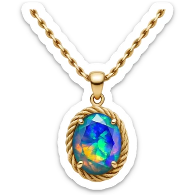 Hyperrealism, 4d rendering isolated gorgeous black opal gemstone 14k sparkling Gold rope chain necklace  sticker