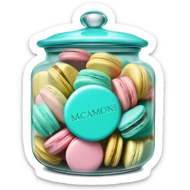 Realistic isolated glass cookie jar with tiffany blue lid and filled with colorful macarons inside of it. sticker
