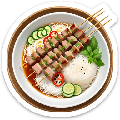 Vietnamese Bún Thịt Nướng with meat specifically grilled on skewers, alongside a bowl of rice vermicelli noodles, herbs and vegetables sticker