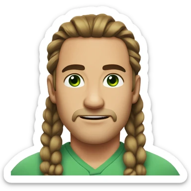 a man with long hair in a ponytail and parted in the middle, no beard, dark brown eyebrows, green eyes sticker