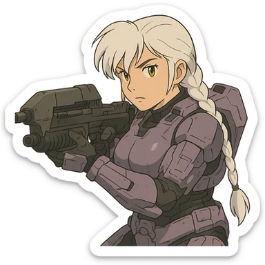 female, wearing reach spartan armor shoulder-unequip, long white braid hair with massive messy front side single bangs, gold yellow eyes, attention pose, HALO:series, no helmet, the armor is lavender color scheme, shoulder pad off. DDD bust size fitting. ,  aiming a classic HALO1 AR, tactical, lean sticker
