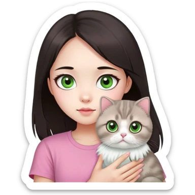 This Chinese girl's got fair skin and big black eyes. She's got long dark brown hair and she's wearing a pink t-shirt. She's holding a Scottish Fold cat. The cat's got light green eyeballs and white fur. sticker