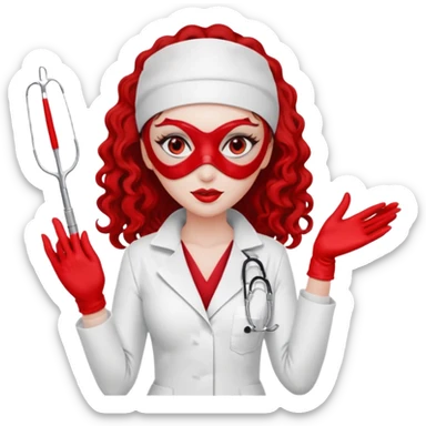 


Scary woman scalpel in hand, evil surgeon sexy surgeon clothes.  She has redcolored  eyes. Her  hair only is free ne brown long curly hair. Wears sexy doctor outfit with red gloves. make her wear red ski mask and nose mask  to hide. Wears white surgeon coat, wears  stilettos sticker