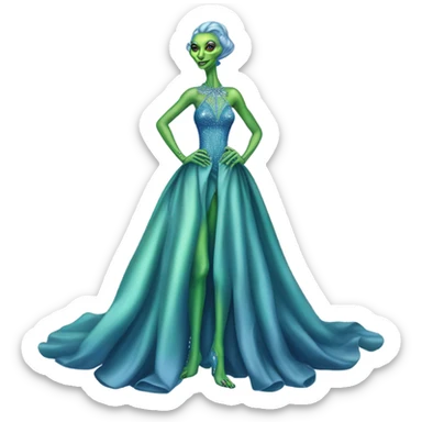 reptilian green alien woman, in long slim pastel blue formal party satin dress with gradient shiny sparkling navy blue diamonds embroidered, full body full figure sticker