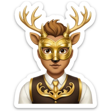 a man, with a vest,  wear half-face golden Deer masquerade mask sticker