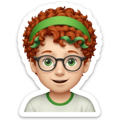 redhead kid with unique face features and very curly hair kid boy happy and big glassess and big nose and very green eyes and headband sticker