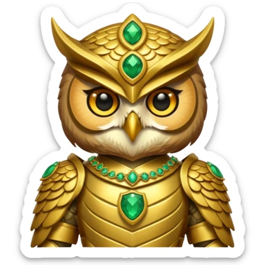 owl warrior wearing golden armor embedded with emerald jewels sticker