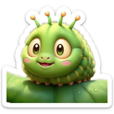 Cinematic Cute Caterpillar Portrait Emoji, Head tilted playfully and inquisitively, featuring a small, fuzzy body with rounded, plump segments, soft, endearing eyes and a charmingly wiggly movement, Simplified yet irresistibly adorable features, highly detailed, glowing with a warm, inviting green glow, high shine, affectionate and lively, stylized with a touch of whimsical woodland charm, soft glowing outline, capturing the essence of a mischievous caterpillar that seems as if it could crawl out of the screen into your arms! sticker