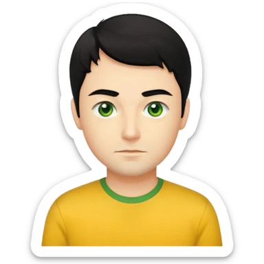 Greg Page black hair, green eyes, yellow shirt sticker