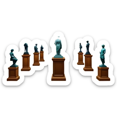 An icon featuring an elegant art gallery with classic paintings hanging on the walls, and sculptures displayed on pedestals. Visitors admire the exhibits, capturing the essence of culture, history, and art. Set against a transparent background. sticker