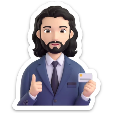 Business strategist with black wavy hair, stubble, chiseled face, wearing blazer and button-up shirt, engaged in conversation at a networking event, holding business card, surrounded by other professionals, social business setting sticker