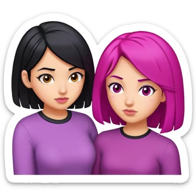 two medium skin girls bumping head one black hair one magenta hair sticker