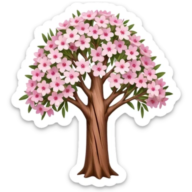 Cinematic Realistic Melaleuca Emoji, Elegant and resilient, with peeling, papery bark and delicate, needle-like leaves. The tree stands tall and graceful, with clusters of white and pink flowers dotting the branches. Soft glowing outline, capturing the essence of natural elegance and resilience in a beautiful melaleuca tree! sticker