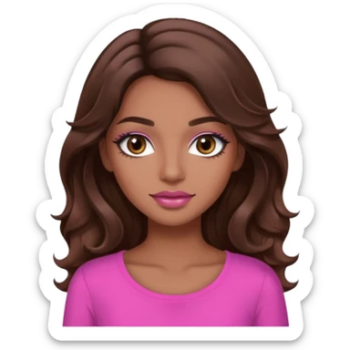 gorgeous woman, light brown skin, dark brown eyes, long wavy brown hair, pink top, clear lipgloss, mascara  sticker