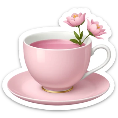 White teacup on a pastel pink plate, pink flowers on the side sticker