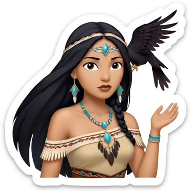 Cinematic Realistic Pocahontas Portrait, depicted with lifelike skin texture, soft natural lighting, and intricately detailed long, flowing raven-black hair that moves gracefully in the wind. Her deep, soulful dark brown eyes exude wisdom and strength, complemented by a serene yet powerful expression. She is dressed in her classic one-shoulder native american dress, with rich fabric textures and delicate beaded details that catch the light beautifully. The portrait features a soft, sun-kissed glow with a natural, radiant finish, capturing the essence of untamed beauty and deep connection to nature in a realistic and painterly style, evoking a sense of depth and authenticity. sticker