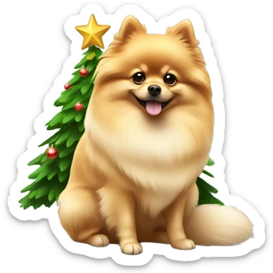 Pomeranian dog under Christmas tree  sticker