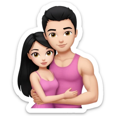 a pretty bratz fair girl. black hair, wearing a pink cami top, she is hugging a handsome fair guy with black hair. lean but muscular.the boy is wearing a black tshirt sticker