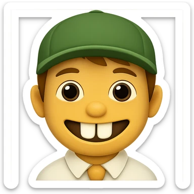 Edit the image of a schoolboy with big front teeth in the style of Apple emojis. Change the cap color to green. Keep the rest of the features consistent with the original Apple emoji style. No background, transparent background. sticker