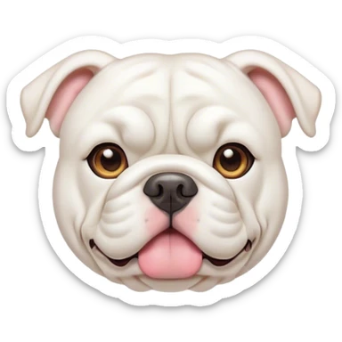Cinematic Cute White English Bulldog Portrait Emoji, Head tilted playfully and inquisitively, featuring a silky pure white coat with a gentle sheen, round, sparkling brown eyes filled with curiosity, Simplified yet irresistibly adorable features, highly detailed, glowing with a warm, friendly glow, high shine, affectionate and charming, stylized with a touch of whimsy, bright and endearing, soft glowing outline, capturing the essence of a mischievous yet loving companion, so playful it feels like it could bound out of the screen and into your arms! sticker