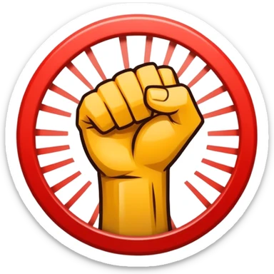 An emblem-style emoji symbolizing striking martial arts. A bold, stylized fist in the center, surrounded by dynamic motion lines representing speed and impact. The background includes a minimalistic combat ring or arena silhouette. Transparent background. sticker