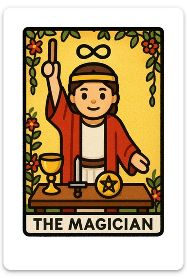 Rider Waite Smith style emoji of The Magician tarot card, with a mystical figure, red and white robes, classic tarot iconography, compact emoji format sticker