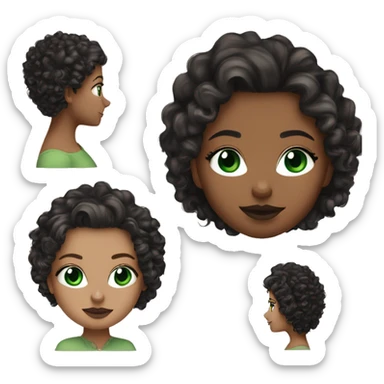 white girl, green eyes, BLACk long curly/wavy hair, earrings, green v-neck top, mascara mauve lipstick sticker