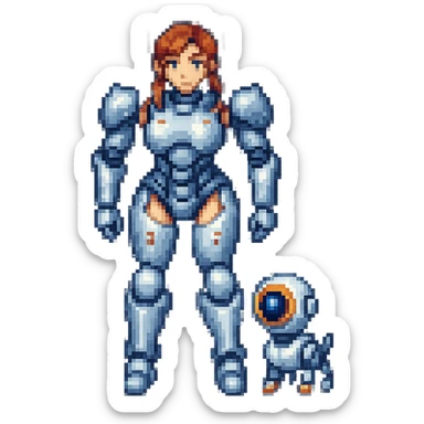 Add a small robotic pet next to the female robot fighter in pixel art style. sticker