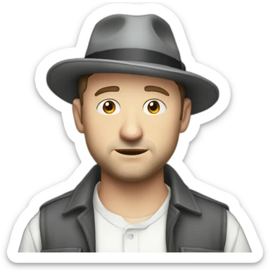 tim robinson wearing a grey fedora white shirt only looking scared and sad side view sticker