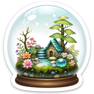 Sparkly shiny iridescent Mystical woodland glass-dome-terrarium-globe with moss inside, with marbles, with pebbles, crystals, with bones inside, and flowers inside  sticker