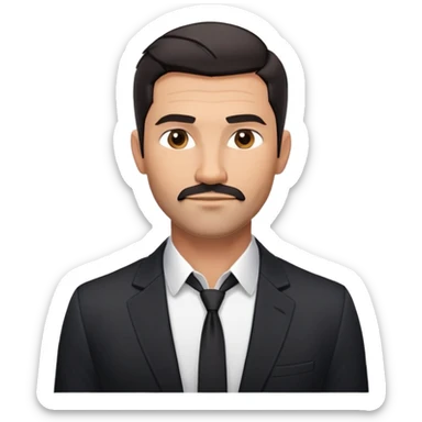 Handsome athletic man in his mid-40s with tan skin, short black hair with clear fade cut, 5 o'clock shadow facial hair, strong square masculine face, warm approachable expression, black blazer worn open, white buttoned shirt with collar unbuttoned, explicitly no tie sticker