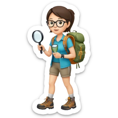 Woman in her 40s with glasses wearing sporty outfit, hiking boots, and backpack, holding a magnifying glass and looking curious sticker