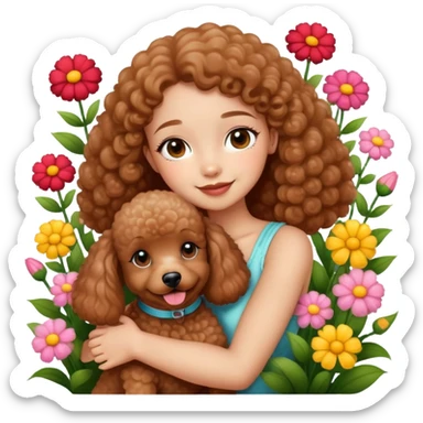 A beautiful girl happily hugs a brown poodle in the flowers sticker