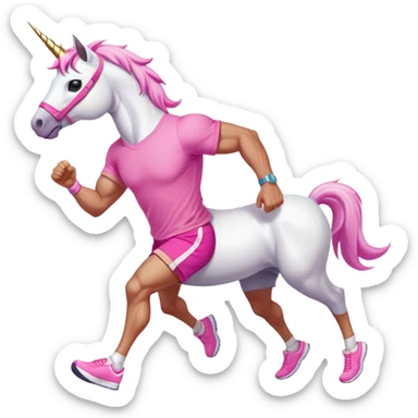 full body friendly anthropomorphised masculine unicorn with white horse-like face, muscular build, wearing pink t-shirt, shorts, trainers, dark sunglasses, running in a relaxed pose sticker