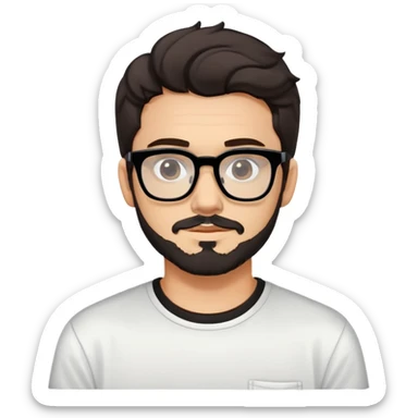 young adult man with light skin, short beard, dark wavy hair, relaxed expression, very wide rectangular glasses with thick black acetate frame and thick double bridge, retro oversized style, colorful open shirt and white t-shirt sticker