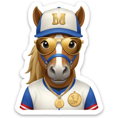 friendly anthropomorphised horse in RUN DMC style outfit, gold medal, baseball hat, sunglasses sticker