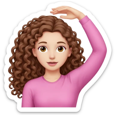 pale white girl with long brown curly hair stretching pink sticker
