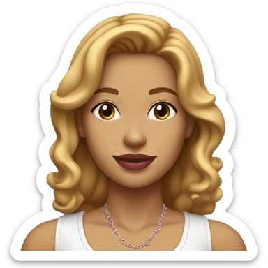 woman with wavy, medium-length honey blonde hair with highlights. She has a round face, light brown skin, thick arched eyebrows, dark brown eyes, and pink lipstick. She wears a white T-shirt, a delicate necklace, and small earrings.  sticker