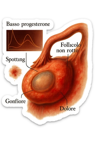 realistic and cinematic illustration of an ovary with an unruptured follicle, low progesterone, hormonal fluctuations, symptoms of spotting, pain and swelling, clinical details, captions in Italian sticker