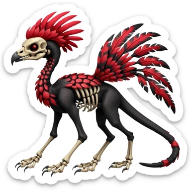 Rare realistic dark edgy tropical tribal patterned red-feathered skeletal badass epic handsome gorgeous aesthetic colorful vibrant black-skulled Vernid-Trico-species-Fakemon-creature by LiLaiRa, 4 legs, 1 tail, random markings, (full body) sticker